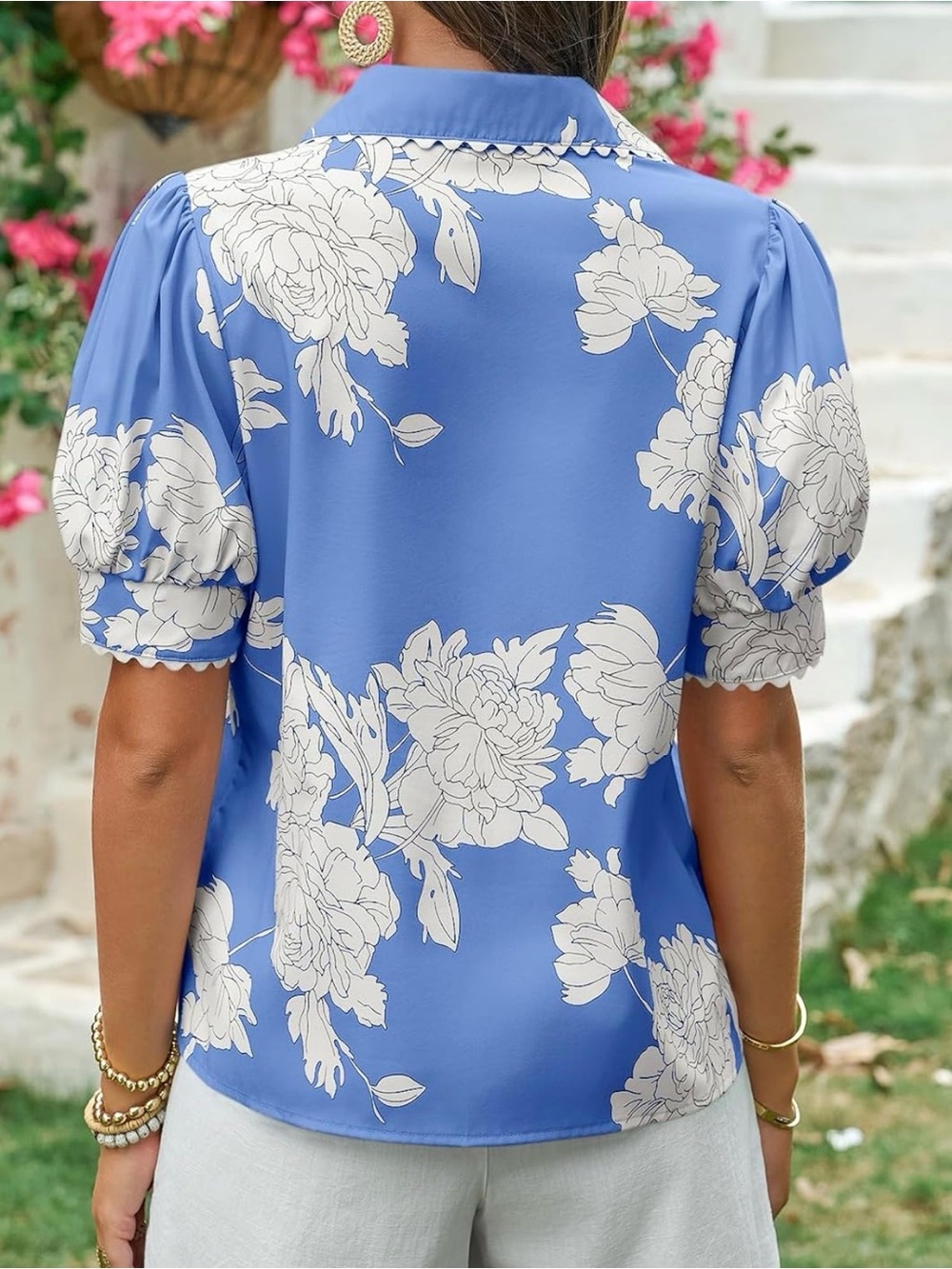 Button-Front Blue Floral Women's Blouse - Picture 2 of 4